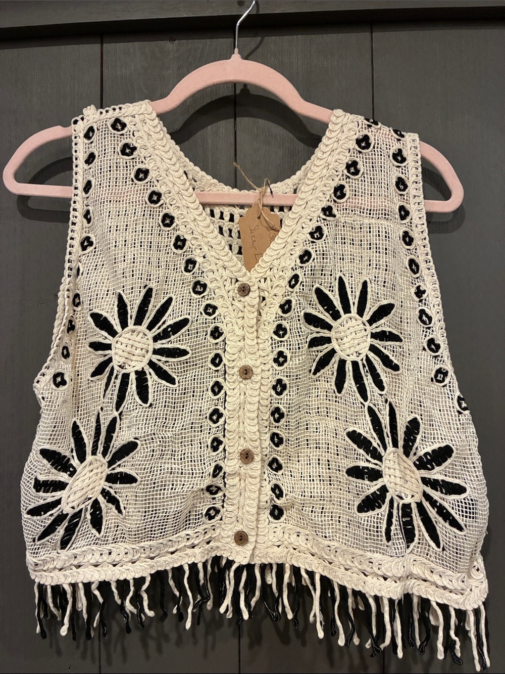 Boho Crochet Daisy Tank Vest - Cream and Black sz medium women’s western